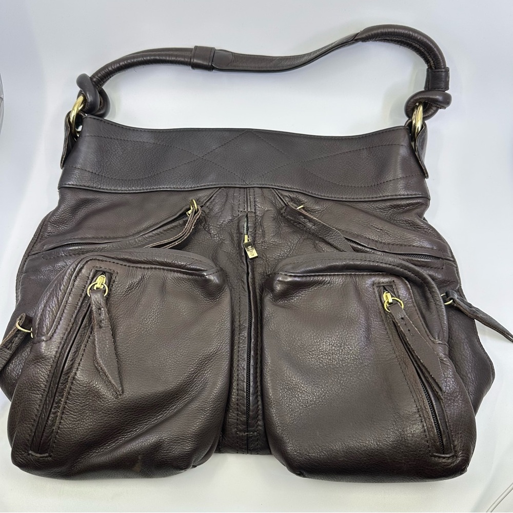 TREESJE Asher Dark Brown Leather Multi Pocket Slouchy Hobo Bag Large